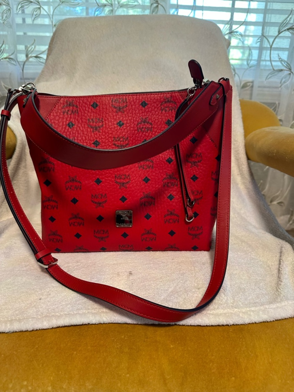 MCM Klara Red Logo Monogram Shoulder Tote